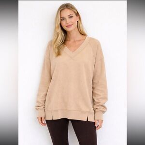 Aerie Downtime VNeck Oversized Textured Brown Sweatshirt S NWT